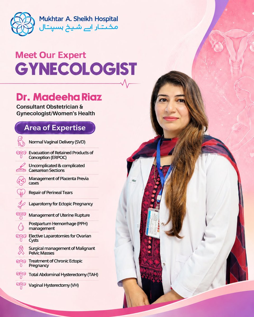 mashospitalx's tweet photo. From routine gynecological consultations to pregnancy care and specialized women’s health services, meet our experienced Obstetricians &amp; Gynecologists: 
- Dr. Tahira Tabssum 
- Dr. Madeeha Riaz 
- Dr. Naila Malik

Book your appointment: 0317 1627 628

#MASHCares #WomensHealth https://t.co/oEwWZR8aW9