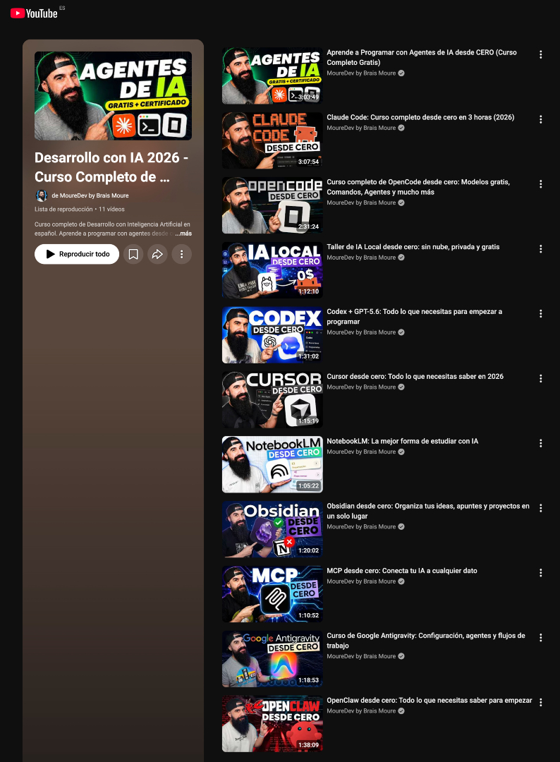 MoureDev's tweet photo. He creado una lista en YouTube con mis cursos prácticos de desarrollo con IA de este año.

✓ 11 Cursos desde cero
✓ +18 horas
✓ Fundamentos de IA (Skills, MCPs, SDD, IA local...), Claude Code, OpenCode, Cursor...
✓ Ampliaré el contenido mes a mes

→ https://t.co/PzP5azl1eY https://t.co/fhmbzosLr6