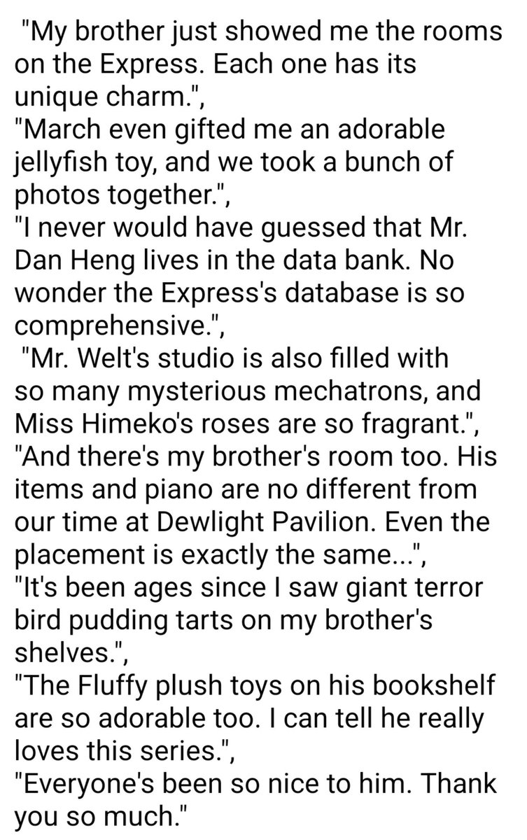 Symphony0fSun's tweet photo. // hsr 4.5 leaks (robin's dialogues from train visitor stuff) 
.
.
.
.
.
.
.
SUNDAY HAS A ROOM ON THE EXPRESS!!!! HE HAS A PIANO IN HIS ROOM, THE FLUFFY PLUSH TOYS, AND GIANT TERROR PUDDING TARTS 😭 
He also shower other members rooms to her awwww 

cr: Sakiko Leaks https://t.co/HVsNcaCQew