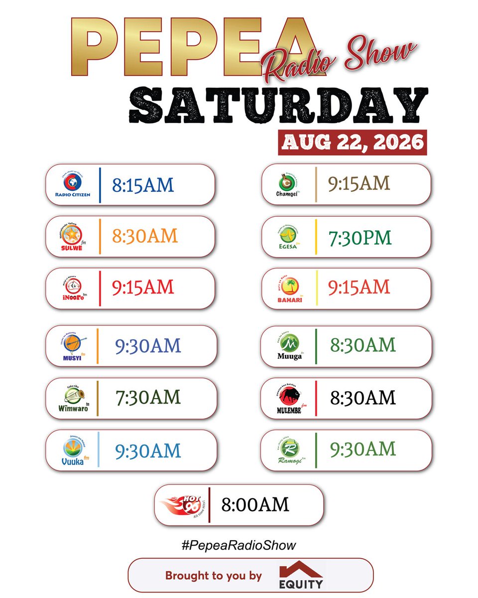 EgesaFMKenya's tweet photo. On #PepeaRadioShow...
This Saturday, 22nd August 2026, tune in to your preferred radio station as we demystify how Equity Bank is supporting SMEs.
#DareToGoFurther #SMEBanking #EndelezaBiashara https://t.co/jtjJoQglAf