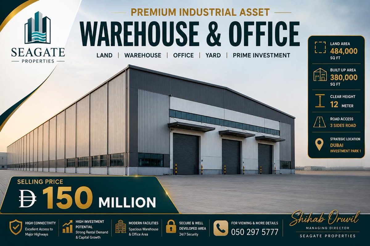 ShihabOruvil's tweet photo. Premium Warehouse &amp; Office Facility for Sale – Dubai Investment Park 1

An exceptional opportunity to acquire a large-scale industrial and commercial property in the prime location of Dubai Investment Park 1 (DIP 1). https://t.co/H570NAJBit