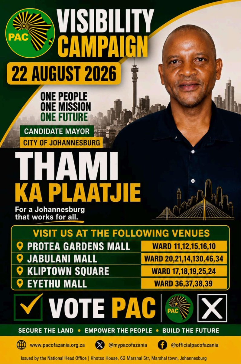 MyPAConline's tweet photo. TAKING THE VISION TO THE PEOPLE

This weekend, the PAC will be on the ground across communities, building momentum and mobilising our people ahead of the unveiling of the PAC People’s Manifesto.

From community to community, we are ensuring that our people are informed, engaged and aligned with a vision that puts their needs and empowerment at the centre.

The time for change is now.

#PAC #PeoplesManifesto #SecureCommunities #EmpowerThePeople #VotePAC
