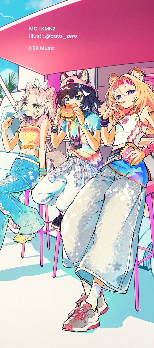 bata_zero's tweet photo. 🌞WORKS🌞

おつかれSUMMER - HALCALI (Cover) 
MC : KMNZ

MVイラスト担当しました！
キュートでチルなKMNZが描けて楽しかったです🍔
3つの歌声がMIXされている仕上がりが心地よくて、なんだかあつさを忘れるような爽やかさ🏝️
夏っていいよねってなっちゃいました！
おつかれサマ〜〜〜！↑↑(^_-)-☆ https://t.co/5fnDYdjYyZ