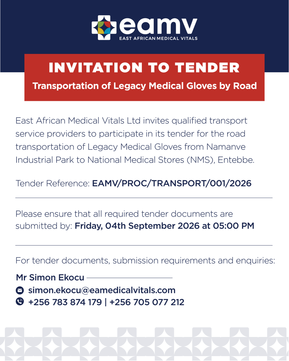 EAMedicalVitals's tweet photo. We are pleased to invite qualified transport service providers to participate in our tender for the transportation of Legacy Medical Gloves by road. 

Interested providers are encouraged to review the full tender details and submission requirements through our website: https://t.co/dFOaeONYpW

Please ensure all required documents are submitted before the deadline.
#BusinessOpportunity