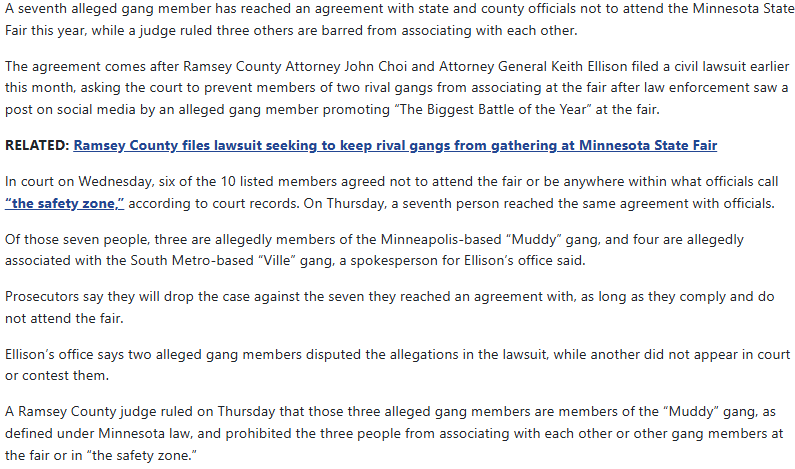 WomanDefiner's tweet photo. I don't think people appreciate how crazy Minnesota actually is. Minnesota is suing and making agreements with gang members to not attend public events so public officials don't look bad. 

Instead of arresting them, they are banning them from public events. https://t.co/PzvBOz7Q0x