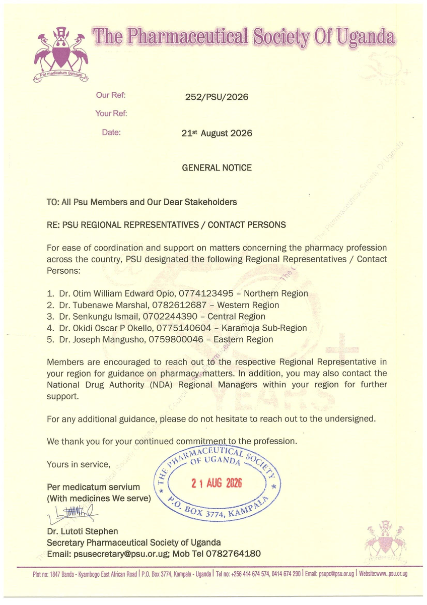 PharmacistsUg's tweet photo. 📢 PSU has designated Regional Representatives / Contact Persons across the country for ease of coordination on pharmacy matters. Members are encouraged to reach out to your regional representative for guidance. See the full list in the notice below. 💊🇺🇬
#PharmacyUganda #PSU https://t.co/mmGocujcqT