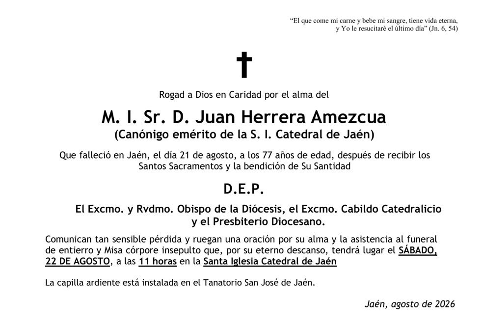 CofradiaAbuelo's tweet photo. En el día de hoy ha fallecido, a los 77 años de edad, el M. I. Sr. D. Juan Herrera Amezcua, Canónigo emérito de la Santa Iglesia Catedral de Jaén. https://t.co/FXElUuUEzQ