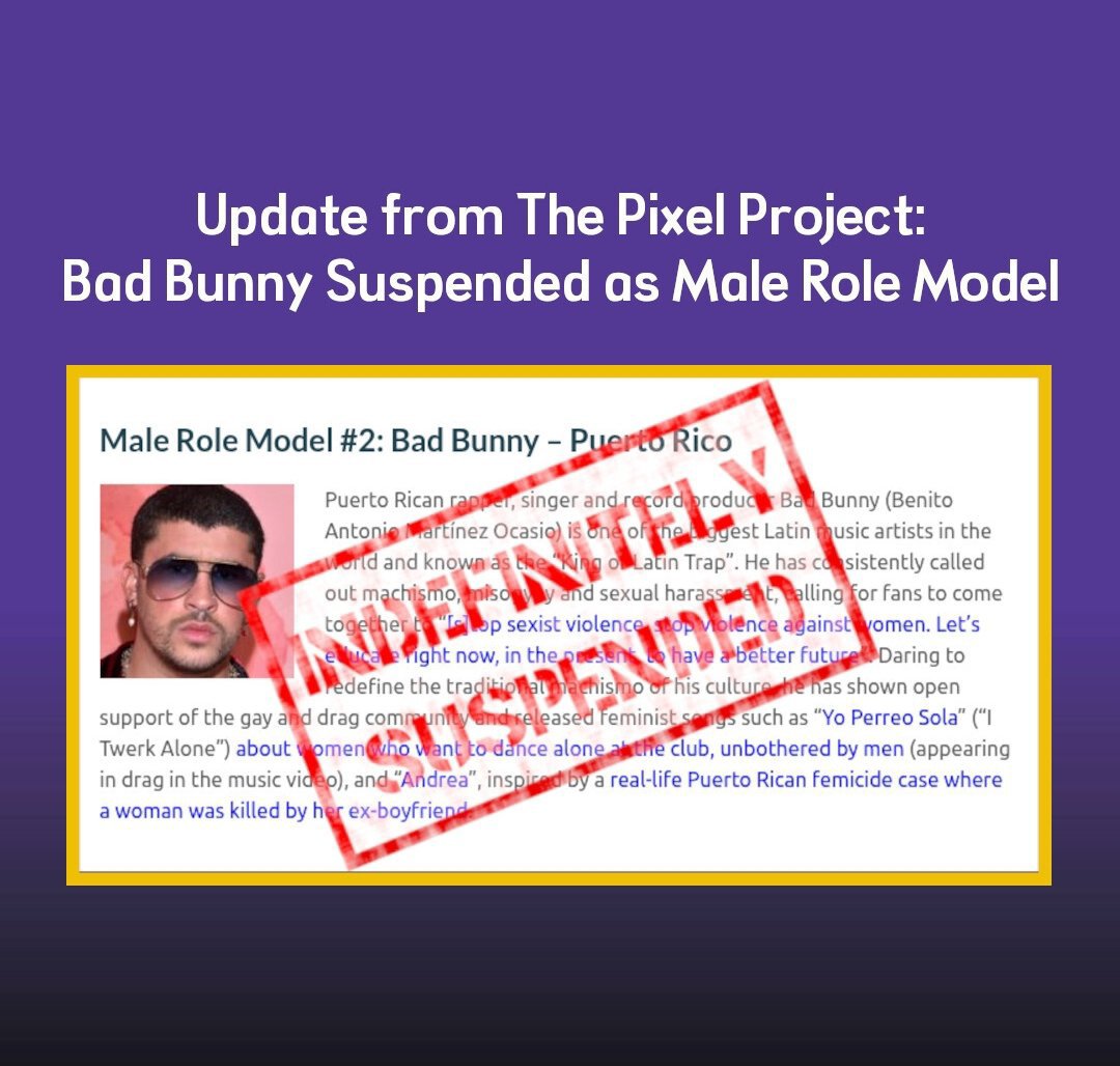 thekwavee's tweet photo. تمت إزالة باد بوني من مشروع The Pixel Project لقائمة أبرز النماذج الداعمة للنسوية ومناهضة العنف ضد النساء، وذلك بعد موجة انتقادات طالت القائمين على المشروع، واتهامات لهم بالنفاق والازدواجية وكراهية الأجانب مع استغلال المشاهير https://t.co/1GPTKtfIVf