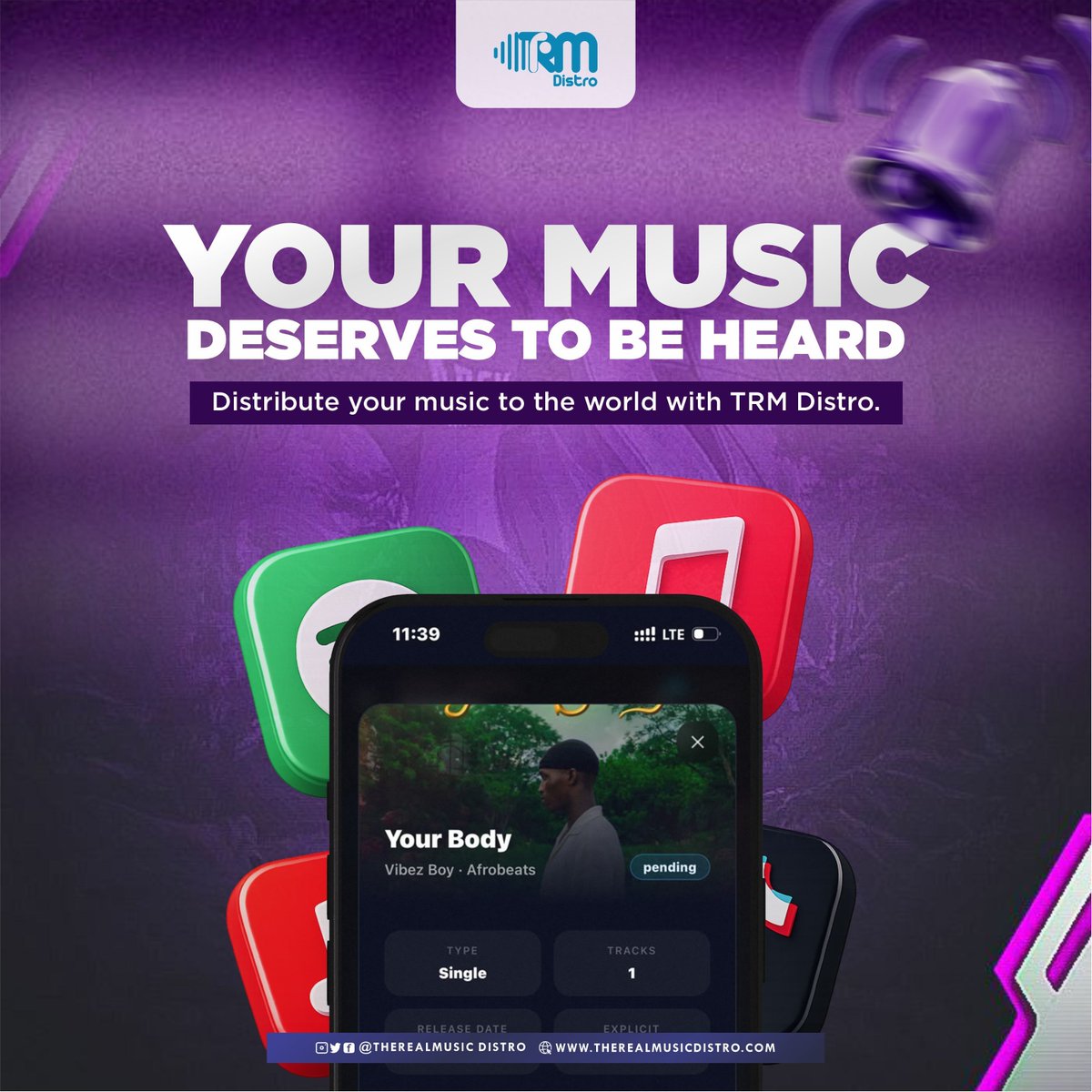 Trmdistro's tweet photo. Your music deserves to be heard worldwide.🌍🎧
Distribute your singles, EPs, and albums to Spotify, Apple Music, TikTok, and more with TRM Distro.
Start your release journey today 👇
🌐 https://t.co/GVqK7GuGPi 
#MusicDistribution
#IndependentArtist
#AfrobeatsToTheWorld
#TRMDistro https://t.co/dLx5lIKKz3