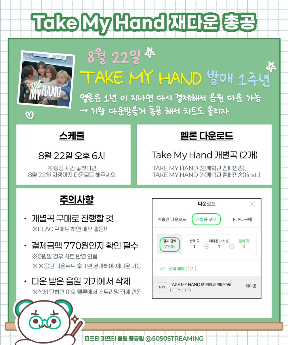 5050STREAMING's tweet photo. 📢#TWENY 

✅8월 22일 토요일 #교육부 #함께하는학교 #FIFTYFIFTY 
#TAKE_MY_HANDS 🫶발매 1주년입니다. 

멜론에서 재다운 -삭제-스밍해주세요 💗 https://t.co/o2c7hdKRU7