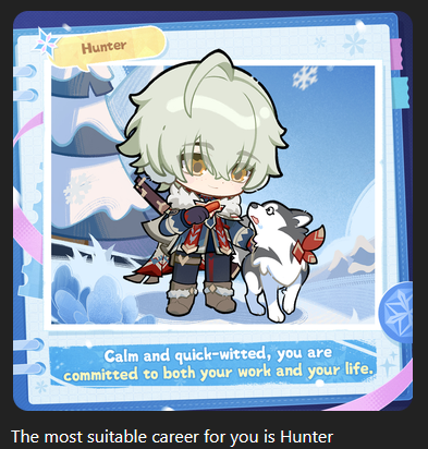 Cnaky_Draw's tweet photo. The most suitable career for Cnaky is Hunter.
Participate in the test to receive Primogems ×160 and a chance to win Intertwined Fate ×10. You can participate multiple times. #SnezhnayaCareerTest @GenshinImpact https://t.co/OuCyW5tIeJ