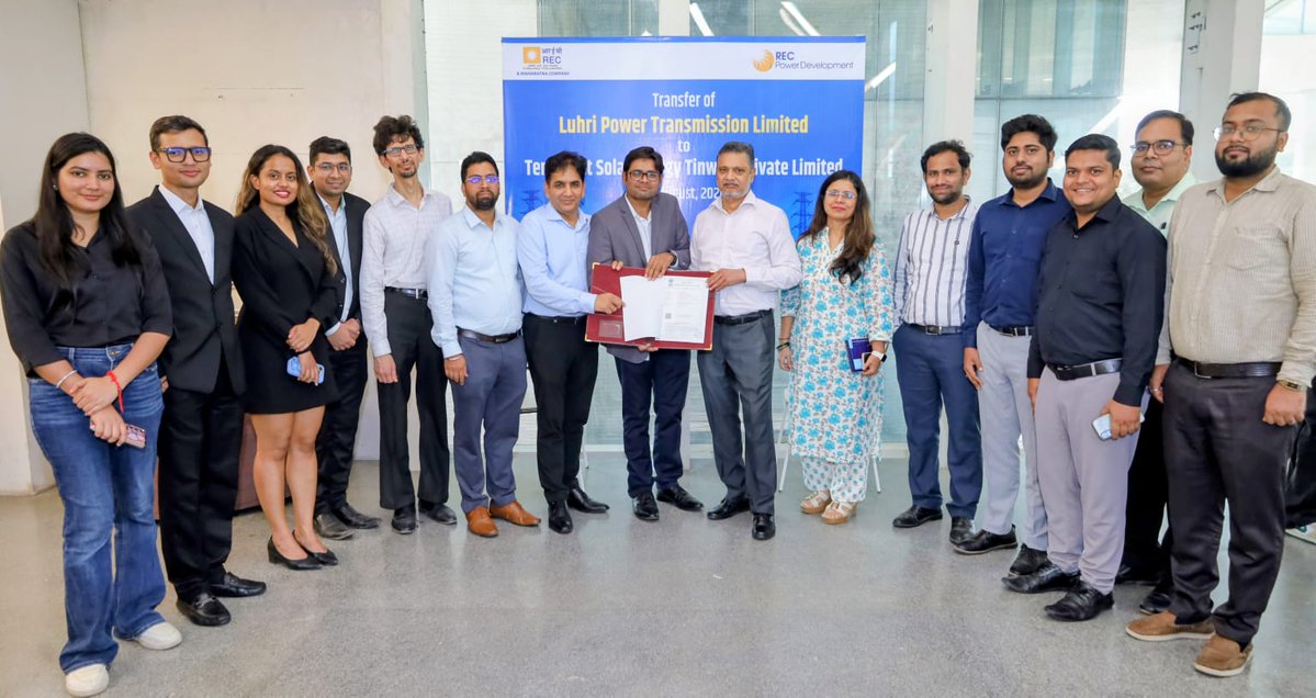 RECLindia's tweet photo. #SPVTransfer
REC Power Development and Consultancy Ltd (RECPDCL), a wholly owned subsidiary of REC Ltd., handed over Luhri Power Transmission Limited, the project-specific Special Purpose Vehicle (SPV), to the successful bidder, M/S Terralight Solar Energy Tinwari Private Limited, on 21 August 2026.
The SPV will facilitate the establishment of “Transmission system for Evacuation of Power from Sunni Dam HEP and Luhri Stage -1 HEP” on a Build, Own, Operate and Transfer (BOOT) basis.
The SPV was handed over by Sh. Rajkumar Sonkar, HoD (CS), RECPDCL, to Sh. Nitin Mahajan, General Manager (Bidding), Terralight Solar Energy Tinwari Private Ltd., in the presence of Sh. Ratnesh Kumar, GM (Engg.), RECPDCL and other senior officials from RECPDCL, Terralight Solar Energy Tinwari Private Ltd. and Central Transmission Utility of India Ltd.
The transmission project broadly envisages establishment of 400/220 kV GIS Nange Pooling station in Himachal Pradesh, 400 KV Nange PS to Koldam D/c line of 50 kms along with other associated works. The project is scheduled for commissioning by 15.10.2029, i.e., matching with the schedule of the hydro generation projects (SDHEP/LHEP-I), at an estimated cost of Rs. 839.55 crores.
#SPVTransfer #RECPDCL #RECLimited #PowerSector #PowerTransmission #TransmissionInfrastructure #EnergyInfrastructure #PowerForGrowth #InfrastructureDevelopment #HydroPower #CleanEnergy #RenewableEnergy #EnergyTransition
@MinOfPower @mlkhattar @mnreindia @officeofmlk @GoI_MeitY @tscbosh @PrinceDhawan89 @mnreindia @shripadynaik @narayanantbjp @Dnandinit @ValliREC @srijitendraias @PIB_India @power_pib @mygovindia @rdssforindia