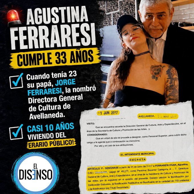 abrilcba_'s tweet photo. Agustina Ferraresi cumple 33 años. Cuando tenía 23 su papá, Jorge Ferraresi, la nombró Directora General de Cultura de Avellaneda. Casi 10 años viviendo del estado sin trabajar. País roto https://t.co/ux4JMKikwr