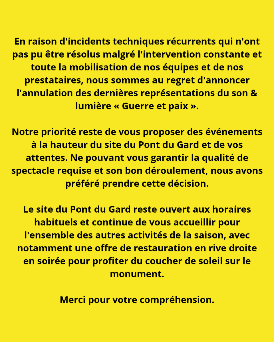 pontdugard's tweet photo. #Informations 📢
Annulation de toutes les représentations du spectacle son & lumière « Guerre et paix »
#PontduGard https://t.co/6ce4YMGtCP