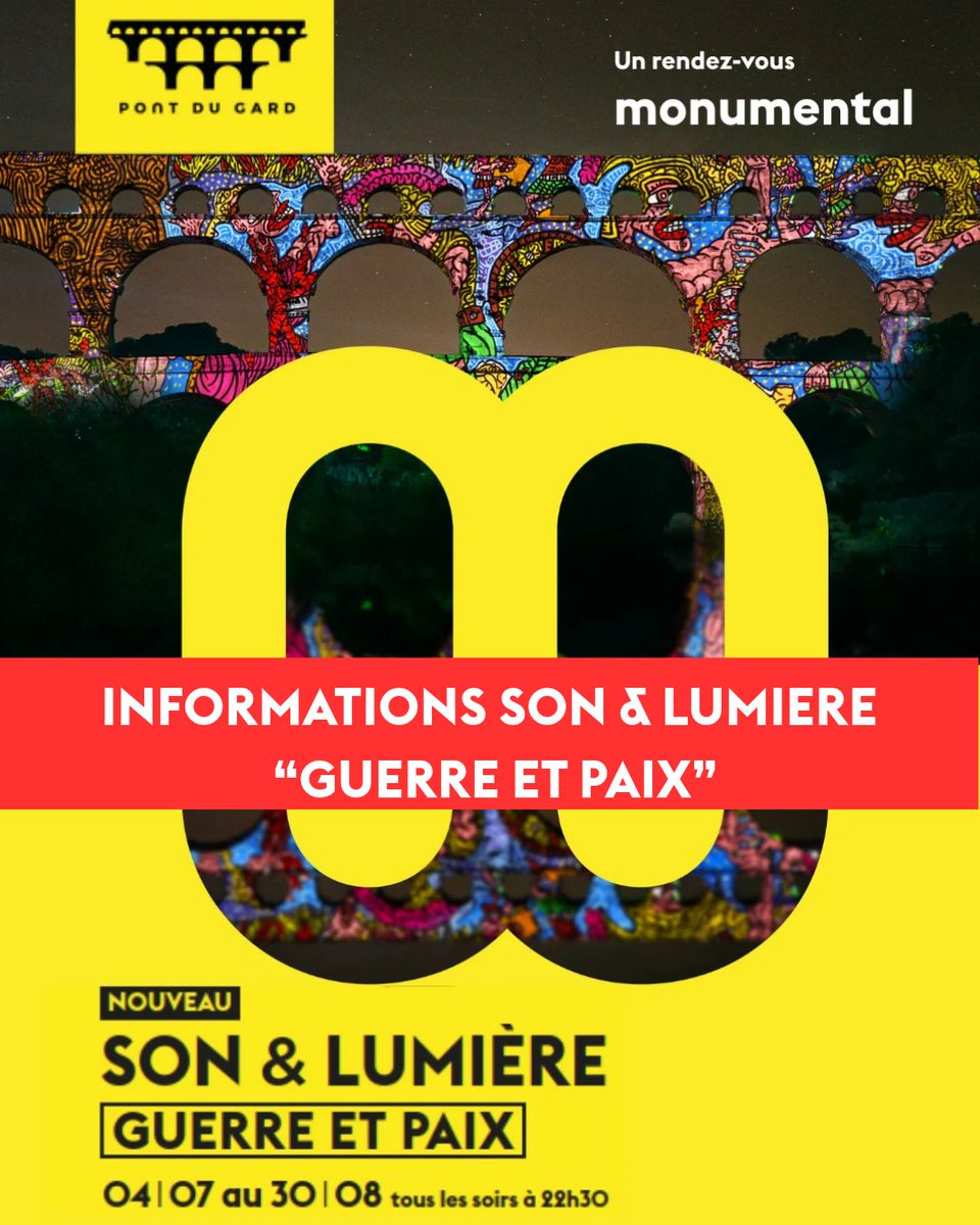 pontdugard's tweet photo. #Informations 📢
Annulation de toutes les représentations du spectacle son & lumière « Guerre et paix »
#PontduGard https://t.co/6ce4YMGtCP