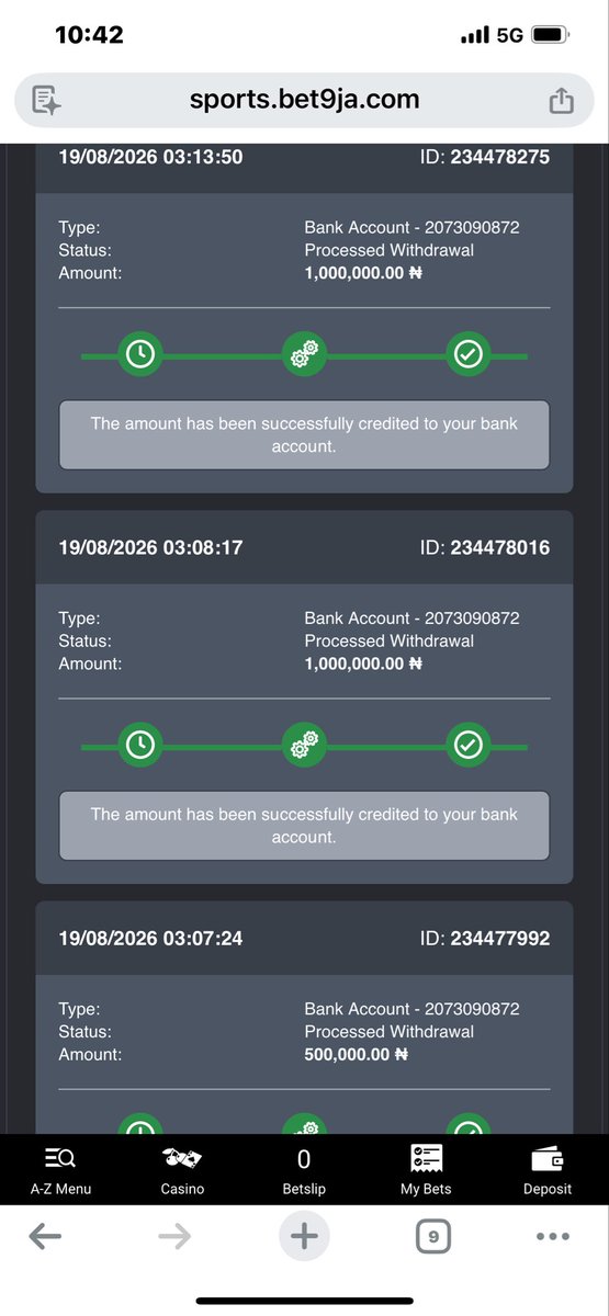 Believeke85's tweet photo. @joinkuda This is the screenshot of the withdrawal from bet9ja and I even sent them this screenshot but they still refuse to unlock my account telling they need to confirm from the sender for the 3 days now ??? https://t.co/WDFEOT0HGN