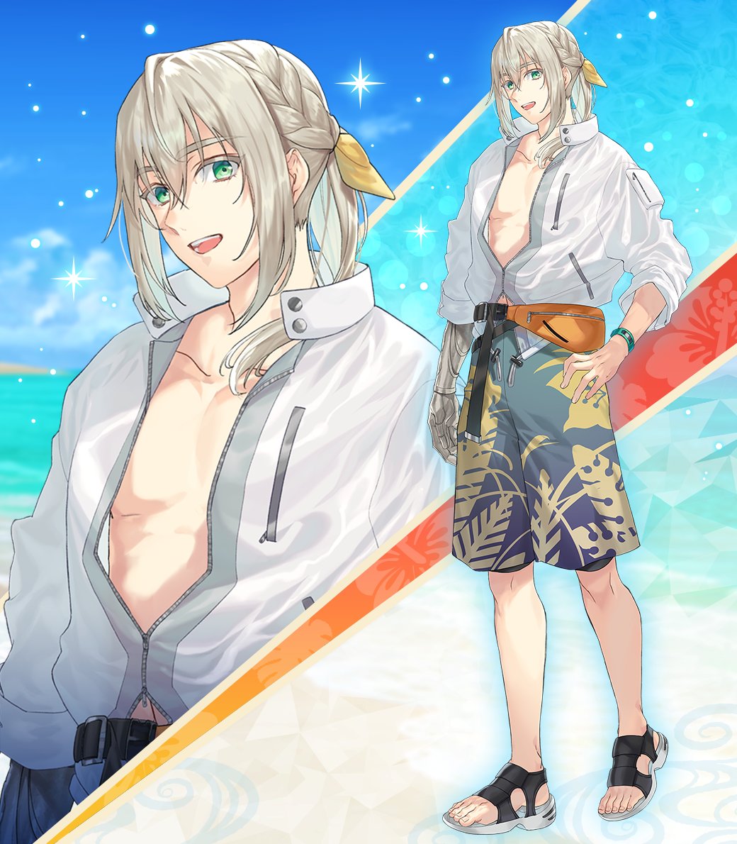 fgoproject's tweet photo. 【カルデア広報局より】
期間限定イベント「カルデア南海大決戦！ ～マジムンアイランドに謎の巨人の影を見た～」にて、新しく霊衣開放権が登場した男性サーヴァント「★5(SSR)ダンテ･アリギエーリ」「★4(SR)耀星のハサン」「★3(R)ベディヴィエール」をご紹介！
対象の霊衣開放権はイベントアイテム交換で入手できます！

3騎をピックアップする期間限定「カルデア南海大決戦！ ダンテ･アリギエーリピックアップ召喚」も9月2日(水)12:59まで開催！

#FGO #FGO水着イベント2026