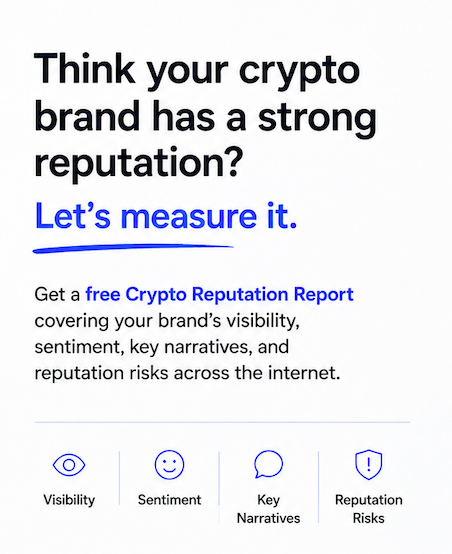 repusurance's tweet photo. Think your crypto brand has a strong reputation?

Let’s measure it.

Get a free Crypto Reputation Report covering your brand’s visibility, sentiment, key narratives, and reputation risks across the internet.

No guesswork. Just the data.

Apply : https://t.co/OgwUpq7Cqb https://t.co/EF7hZrHd41