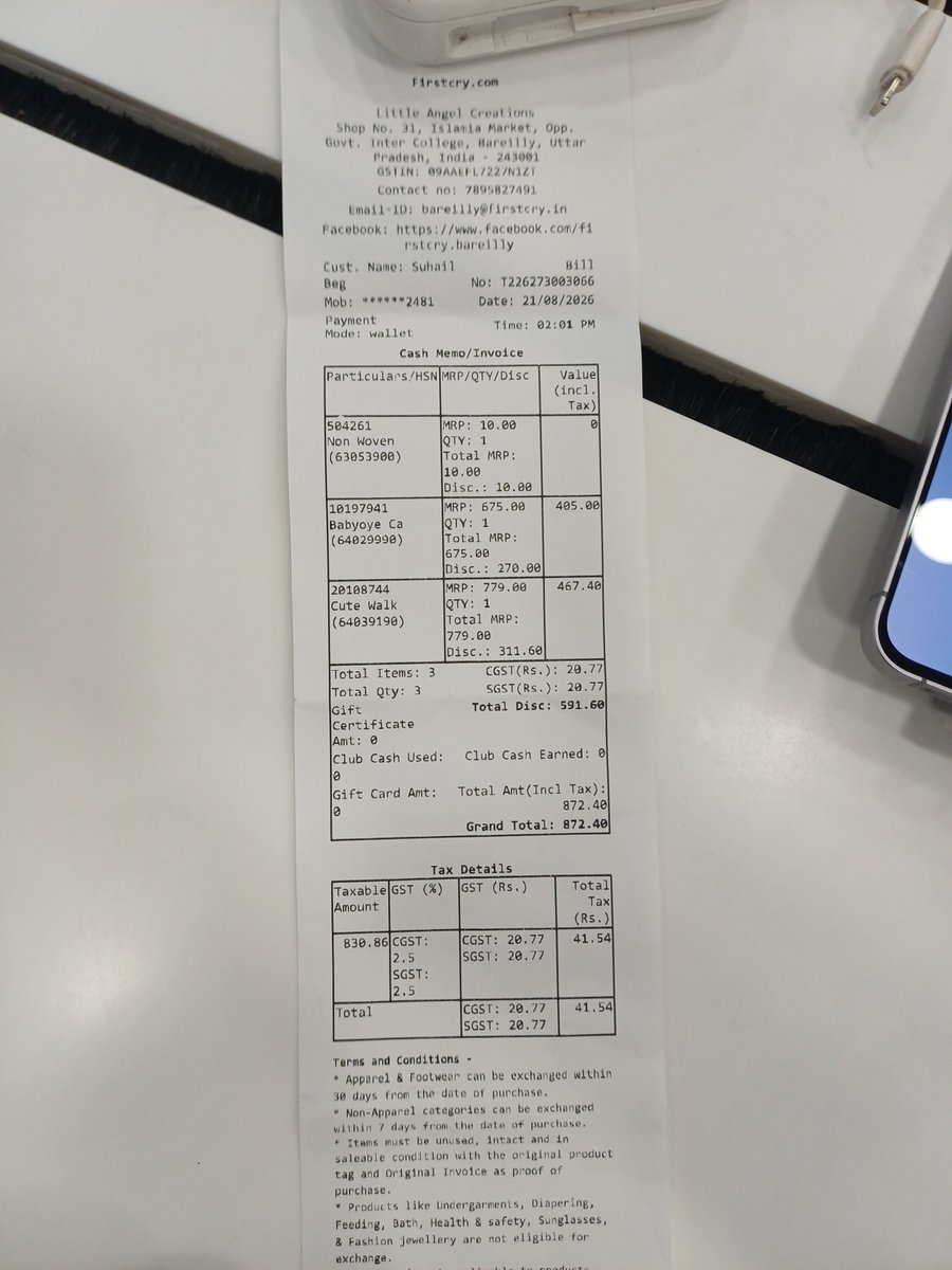 SuhailBeg20's tweet photo. @firstcryindia 
I am disappointed with my recent experience at FirstCry.

The product had a lot of dust on it, which was not acceptable. Also, my bill amount was ₹872.40, but I was charged ₹873.

I was also given a local carry bag instead of a FirstCry-branded carry bag, https://t.co/WaHCNk7bWA