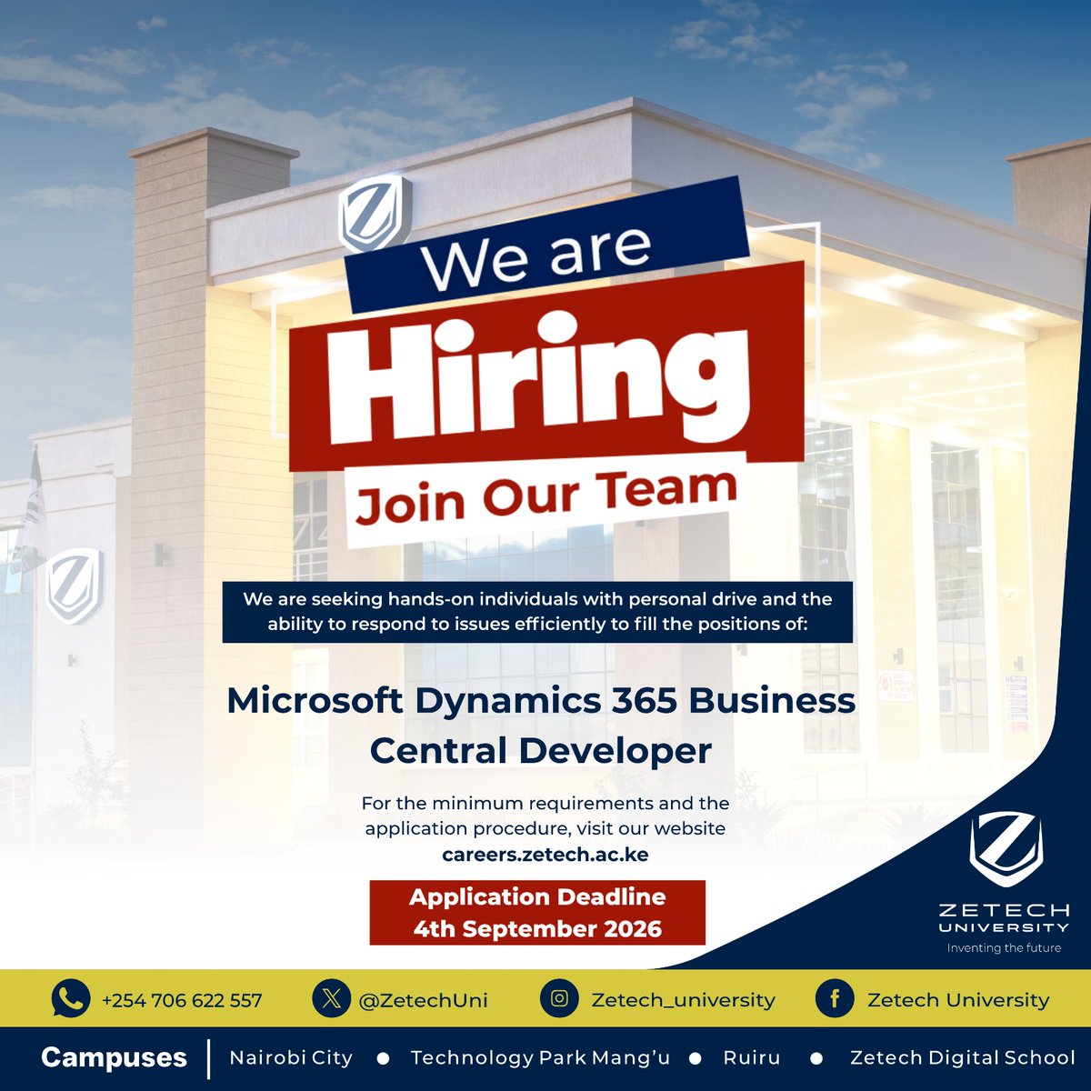 ZetechUni's tweet photo. We’re Growing Our Team.

Zetech University is seeking talented, driven professionals to join our team in the following positions:

🔹 Microsoft Dynamics 365 Business Central Developer
🔹 Liaison and Resource Mobilisation Officer
If you are passionate about what you do, bring strong professional expertise, and are ready to make an impact, we invite you to explore these opportunities.

📌 Application Deadlines:
 3rd September 2026 | Liaison and Resource Mobilisation Officer
 4th September 2026 | Microsoft Dynamics 365 Business Central Developer

View the requirements and apply via https://t.co/i7sNBP02GM.
