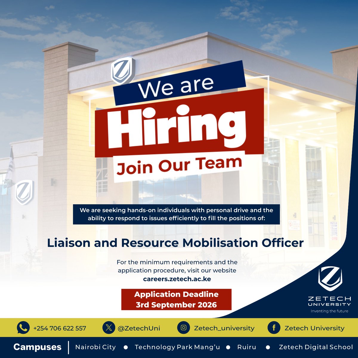 ZetechUni's tweet photo. We’re Growing Our Team.

Zetech University is seeking talented, driven professionals to join our team in the following positions:

🔹 Microsoft Dynamics 365 Business Central Developer
🔹 Liaison and Resource Mobilisation Officer
If you are passionate about what you do, bring strong professional expertise, and are ready to make an impact, we invite you to explore these opportunities.

📌 Application Deadlines:
 3rd September 2026 | Liaison and Resource Mobilisation Officer
 4th September 2026 | Microsoft Dynamics 365 Business Central Developer

View the requirements and apply via https://t.co/i7sNBP02GM.