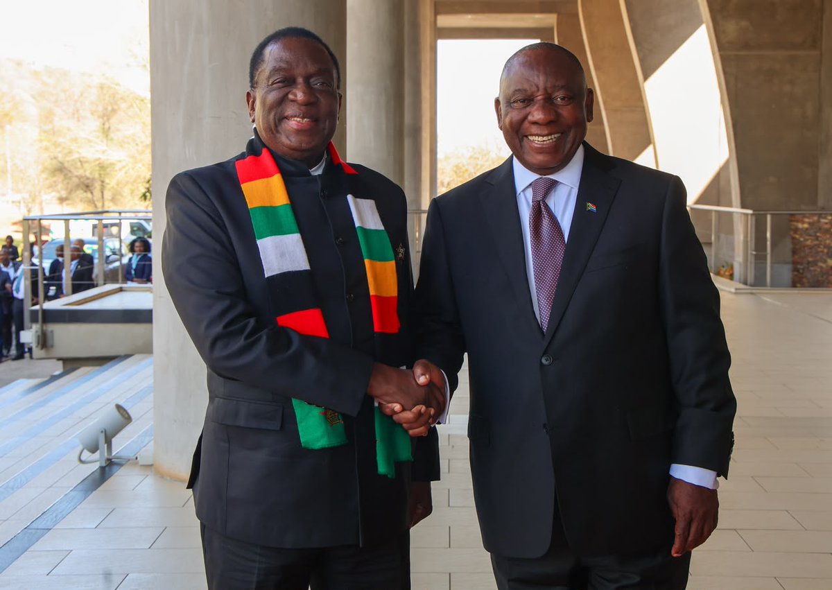PresidencyZA's tweet photo. His Excellency President @CyrilRamaphosa receives His Excellency President Emmerson Mnangagwa of the Republic of Zimbabwe on his arrival in Pretoria for the Fourth Session of the South Africa–Zimbabwe Bi-National Commission (BNC).

The Fourth Session of the BNC provides an opportunity for South Africa and Zimbabwe to review progress on bilateral commitments and advance cooperation in areas of mutual interest, including trade and investment, infrastructure and economic development.

#BetterAfricaBetterWorld