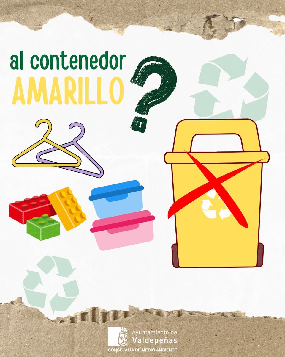m_ambvaldepenas's tweet photo. ♻️ EL ERROR DE RECICLAJE DE LA SEMANA

¿Es de plástico? Entonces… ¿al amarillo? ¡No siempre! 👀

El contenedor amarillo está destinado a envases de plástico, latas y briks, no a cualquier objeto fabricado con plástico. https://t.co/AJ87ZPsgAK