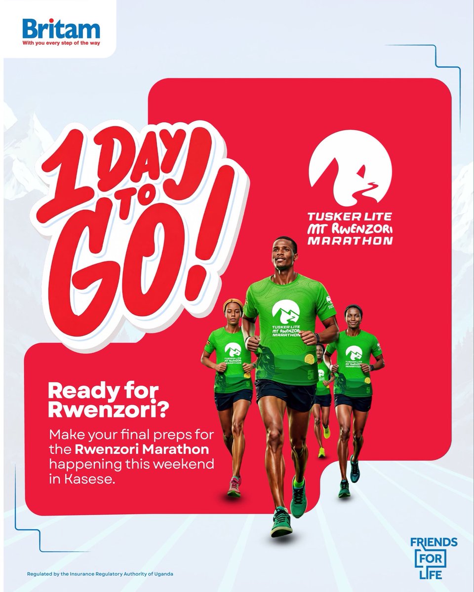 BritamUganda's tweet photo. 1 DAY TO GO!
The wait is officially OVER! Lace up, lock in, and get ready to conquer Kasese.π₯
The Tusker Lite Mt. Rwenzori Marathon is taking over tomorrow are you ready to bring the heat?
Letβs do this!
#MtRwenzoriMarathon #RunKasese #1DayToGo #Britam FriendsForLife https://t.co/j8wHDrDsYz