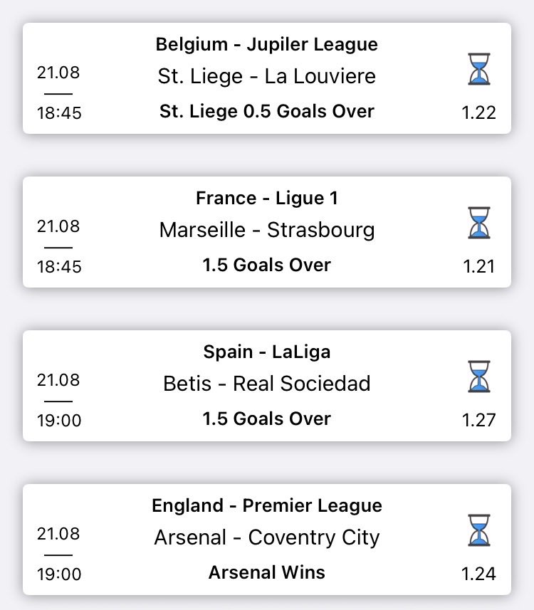 Rosehillpredict's tweet photo. ⚽🏆 Sports Picks — 21/08/2026 🔥

➡️ St. Liege 🆚 La Louviere
🕡 Time: 18:45
⏳ St. Liege Over +0.5 Goals

➡️ Marseille 🆚 Strasbourg
🕡 Time: 18:45
⏳ Over +1.5 Goals

➡️ Betis 🆚 Real Sociedad
🕖 Time: 19:00
⏳ Over +1.5 Goals

➡️ Arsenal 🆚 Coventry City
🕖 Time: 19:00
⏳ Arsenal Wins

💭 Today’s selections feature Belgium Jupiler League, France Ligue 1, LaLiga, and the Premier League. The picks combine goal markets with a strong Arsenal win selection. 🔥⚽🏆💰

🎯 BEST PICKS ✅💰🔥🏆🚀⚽📈