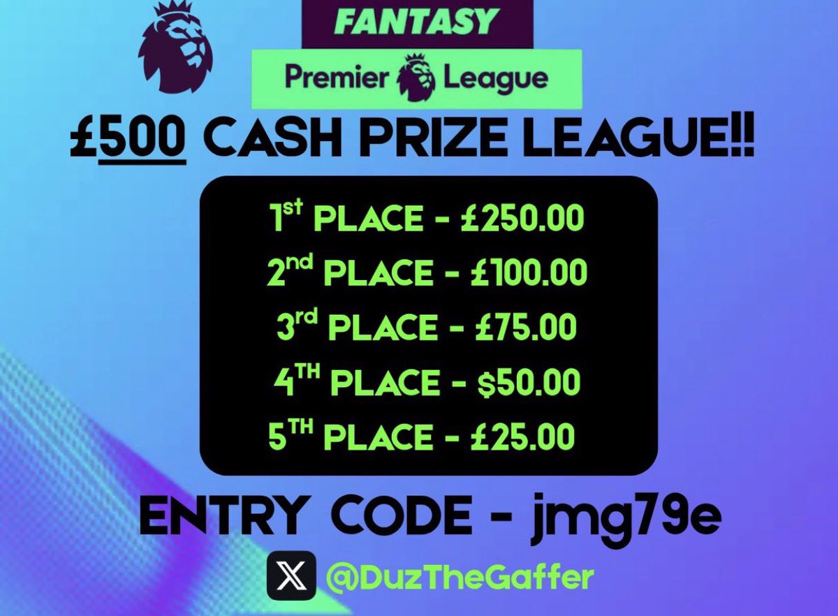 DuzTheGaffer's tweet photo. @FplVeteran_ 🚨 FREE TO ENTER FPL CASH LEAGUE! 🚨 

💰 £500.00 Prize Pool

🔑 League Code: jmg79e https://t.co/ejf7Qft4CT