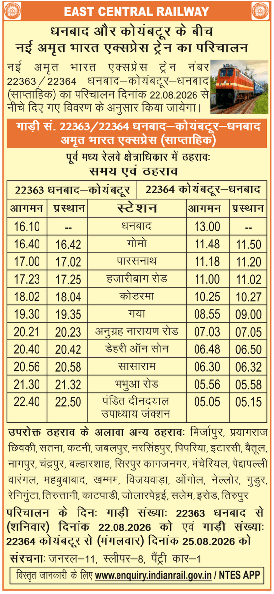 ECRlyHJP's tweet photo. रेलयात्रियों की सुविधा के मद्देनजर नेसुब गोमो-गया-डीडीयू-प्रयागराज छिवकी के रास्ते धनबाद और कोयम्बत्तूर के मध्य एक नई अमृत भारत एक्सप्रेस का परिचालन प्रारंभ किया जा रहा है। 

इस ट्रेन का परिचालन धनबाद से 22 अगस्त, 2026 सेे सप्ताह के प्रत्येक शनिवार को तथा कोयंबत्तूर से 25 अगस्त, 2026 सेे प्रत्येक मंगलवार को निम्नानुसार किया जायेगा :
#AmritBharatExpress