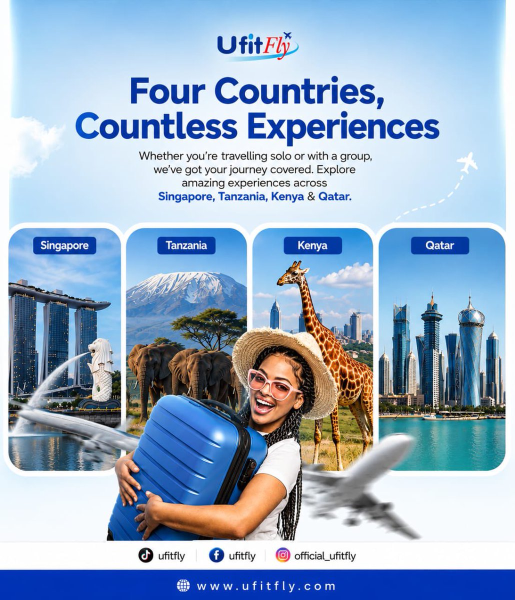 ufitfly's tweet photo. Four countries, endless unforgettable moments! ✈️🌍

Whether you are planning a solo getaway or an exciting group trip, UfitFly has got your journey completely covered.
Discover iconic sights, rich wildlife, and stunning skylines across:
🇸🇬 Singapore
🇹🇿 Tanzania
🇰🇪 Kenya
🇶🇦 Qatar

Ready to pack your bags? Let’s make your dream trip a reality! Send us a DM today.

#UfitFly #TravelTheWorld #ExploreSingapore #VisitTanzania #DiscoverKenya #ExploreQatar #TravelGoals #SoloTravel #GroupTravel