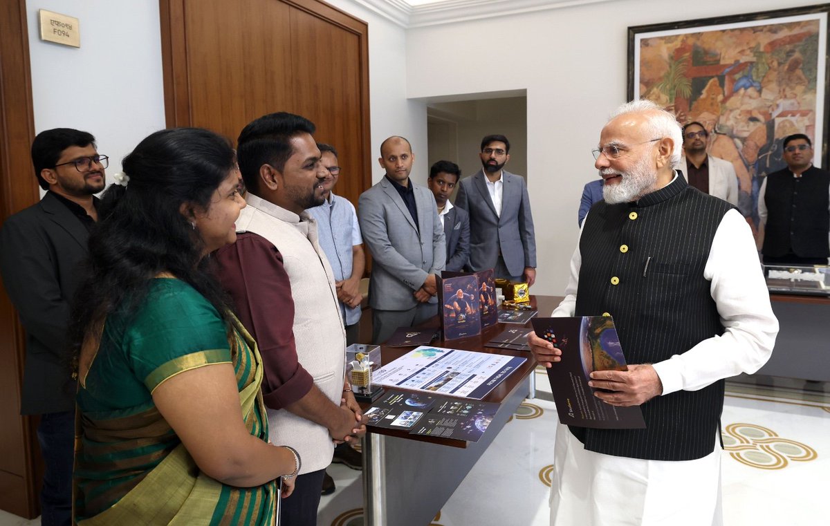 narendramodi's tweet photo. It was wonderful to meet the Yuva Urja of India’s space sector…young entrepreneurs and innovators who have shown remarkable courage by entering a new and demanding domain. They have taken risks, trusted the reform process and remained consistent in their efforts. Due to this, India has achieved a lot in the space sector in the last few years. 

The StartUps made insightful presentations on their work. They also appreciated the space reforms of the Government and how it encouraged them to grow further in this sector. 

I assured the space StartUps that Government of India will continue to stand with them as they build India’s capabilities for the future. India can offer the world a strong, innovative and commercially viable model in the space sector.