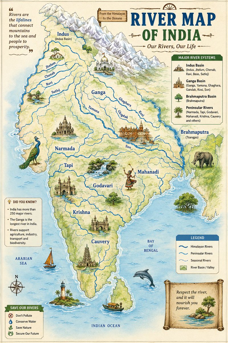 FinAbhishek's tweet photo. A river is more than a line on a map - it is a lifeline connecting mountains, farms, cities, cultures and communities. 🇮🇳🌊
From the Himalayas to the Indian Ocean, India’s rivers tell the story of our civilisation. Let’s protect them for the generations to come. 💧🌱
#India #RiversOfIndia #SaveOurRivers #Environment #Geography