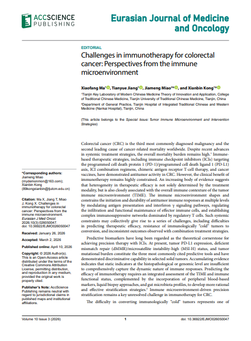 ejmo_asp's tweet photo. 🔗 https://t.co/skTUd9yLeX
📑 New in EJMO

Title：Challenges in immunotherapy for colorectal cancer: Perspectives from the immune microenvironment

Special Issue: Tumor Immune Microenvironment and Intervention Strategies

#ColorectalCancer #Immunotherapy #TME #Oncology https://t.co/0FUwce5iAN
