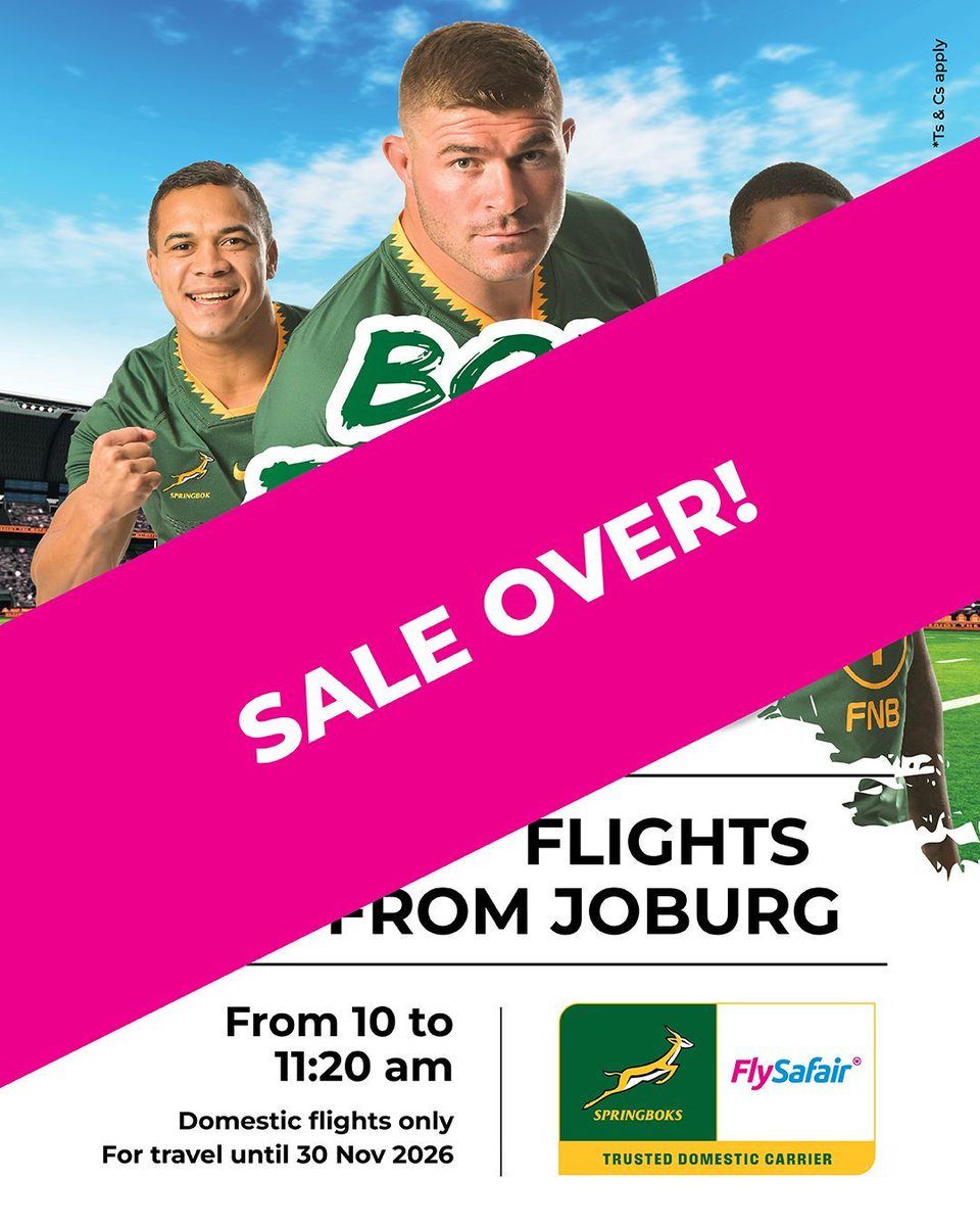 FlySafair's tweet photo. 🏉🔚 The final whistle has blown! If you scored some sale tickets to/from Joburg, lekker…we'll see you on board soon! 🎟️✈️

If not, keep your boots laced…another 80-minute Bok Sale might be kicking off soon. ⏱️ 

Go Bokke! 💚💛✈️ 

#BeLekker #FlyLikeAChamp https://t.co/oU5wBu65en