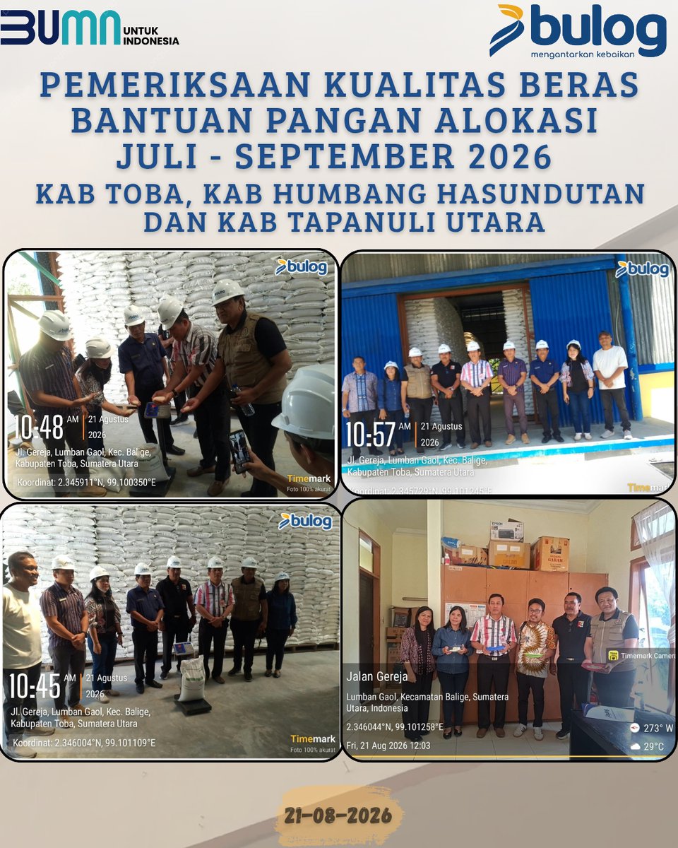BulogPsiantar's tweet photo. Uji Kualitas Beras Bantuan Pangan Alokasi Juli-Sept 2026 Kab Toba, Humbang Hasundutan dan Tapanuli Utara

#BULOG #bulogsalurkanbantuanpangan #bulogwujudkanswasembadapangan #bulognext #MengantarkanKebaikan https://t.co/5oedxNRJGO
