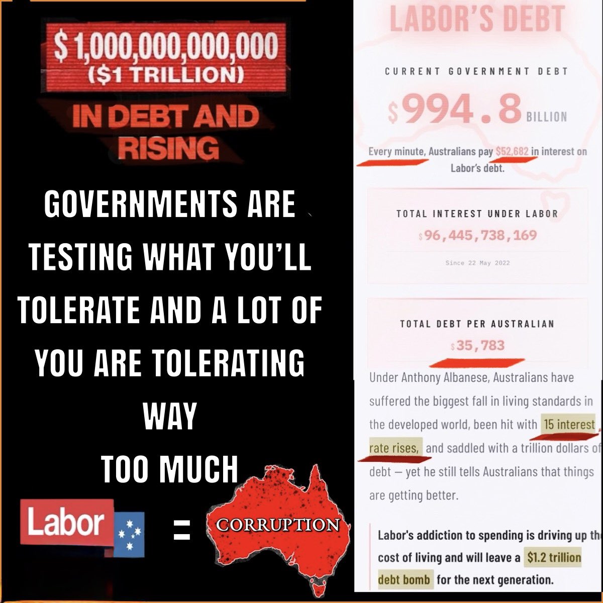 jaxsunsurf's tweet photo. Over $52 000 a minute in interest Australians pay on labor’s debt this criminal highly compromised corrupt government has truely ruined the country for us & the next generation, but that was their plan the entire time: #Fucklabor #Australia #politicalcorruption #Auspol https://t.co/HsuvTCkYdN