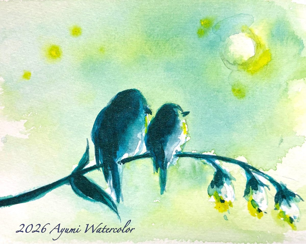 mi_yu_ami's tweet photo. 良い週末を🕊️🕊｡.｡:+*
“幸せの青い鳥”🌙
#透明水彩　#watercolor https://t.co/EiCYobWbOj