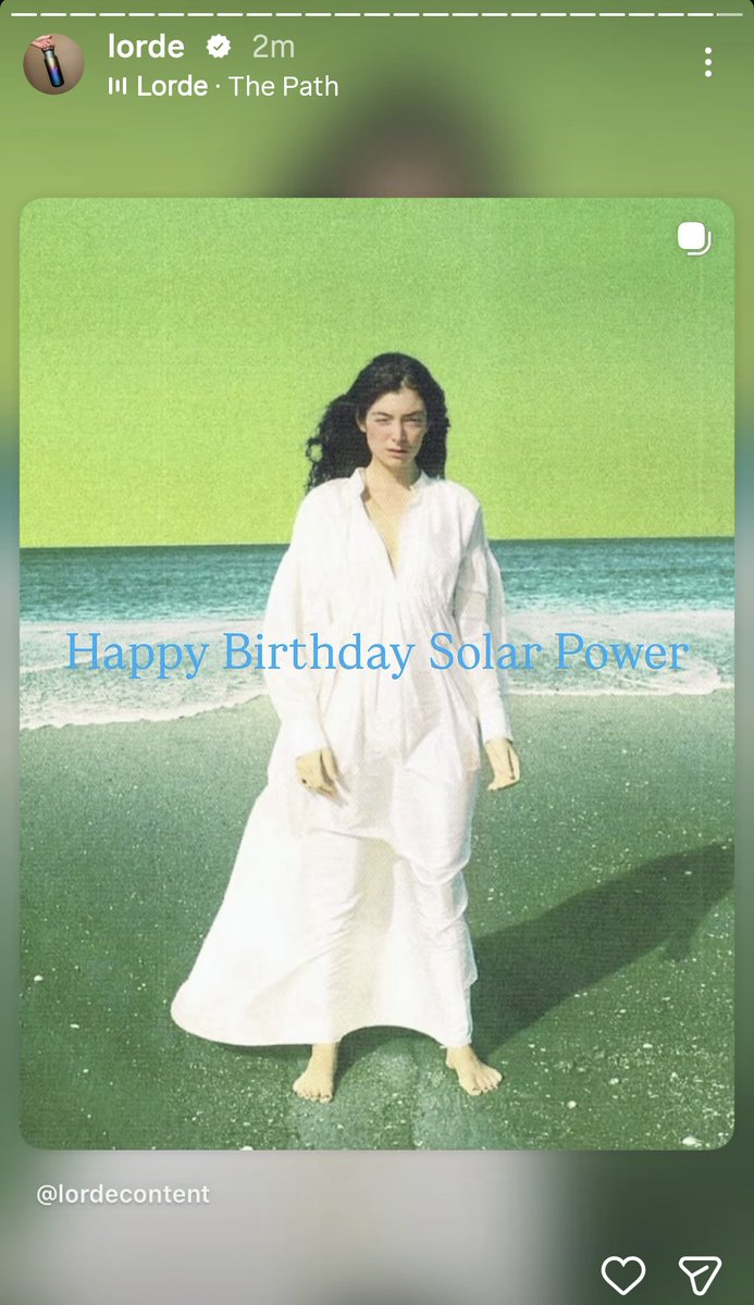 Lorde_fix's tweet photo. Lorde acknowledging Solar Power’s 5th Birthday on her Instagram story ☀️💛  #5YearsOfSolarPower

   – "She was 23" https://t.co/lZCJ3P2oLW