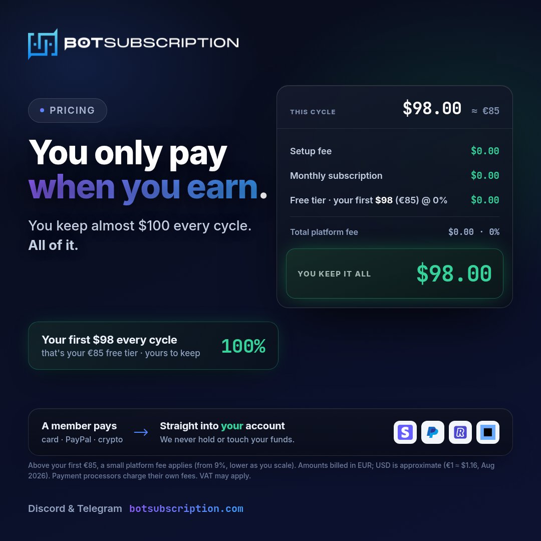 BotSubHQ's tweet photo. You only pay when you earn.

No monthly fee. No setup fee. You keep almost $100 every cycle. All of it.

That's your first €85 free tier — about $98 — at 0%, so you keep 100%. Above it a small fee applies, from 9% and lower the bigger you grow. Either way the money never passes through us: it lands straight in your own connected Stripe, PayPal or crypto account.

Amounts billed in EUR; USD is approximate (€1 ≈ $1.16, Aug 2026). Payment processors charge their own fees. VAT may apply.

→ https://t.co/y4RRHJ5smC

#Pricing #Transparent #Discord #Telegram #CreatorEconomy