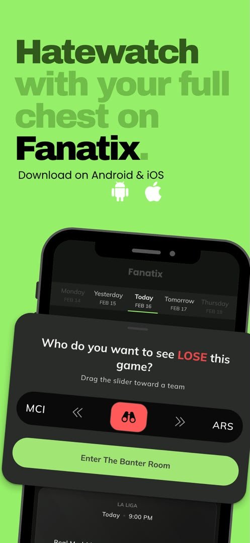 futafabrizio's tweet photo. 🔥 HATEWATCH JUST GOT BETTER! 👀

Got a team you want to see LOSE? 😭⚽
Pick your target. Enter the banter. Enjoy the chaos. 😂🔥

📲 Download Fanatix

🤖 Android:
https://t.co/InPkYUOVNP

🍎 iOS:
https://t.co/vUWvfSzkt0

Watch. Banter. Repeat. 😭😂
#EPLBant https://t.co/BVQpJpdFK7