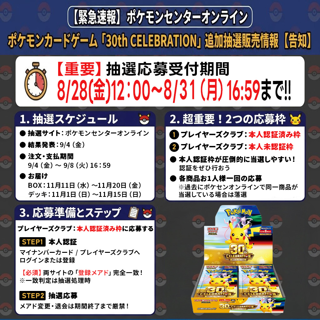 CardStack_tcd's tweet photo. 🚨ポケセンオンライン追加抽選決定‼️
ポケカ30thの追加抽選販売が行われます！✨

✅30th CELEBRATION BOX
✅30th CELEBRATION プレミアムデッキセット エーフィー・ブラッキー

⏰ 応募期間
8/28(金)12:00 〜 8/31(月)16:59
⚠️ 重要ポイント
プレイヤーズクラブでの「本人認証済み枠」「未認証枠」の2つの抽選枠が用意されているものの【当選数の大半は本人認証済み枠】‼️
まだの方は本人認証をオススメします✨