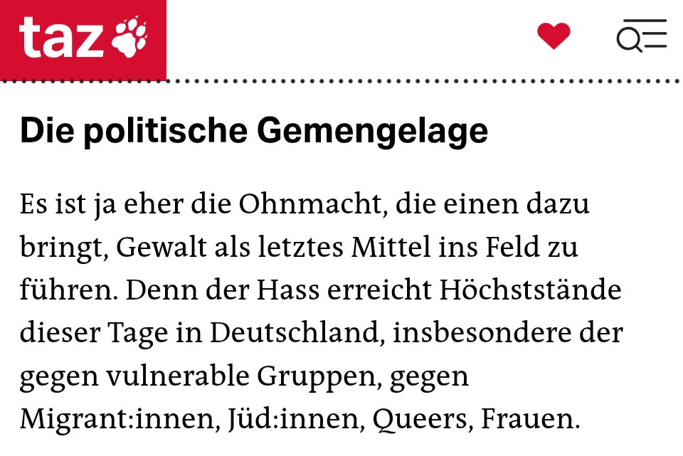 jreichelt's tweet photo. Die taz ruft nun offen zur politischen Gewalt auf. Als Aufmacher-Kommentar auf der Homepage. Was sagt @n_liminski dazu? https://t.co/dTS0H0jhhl