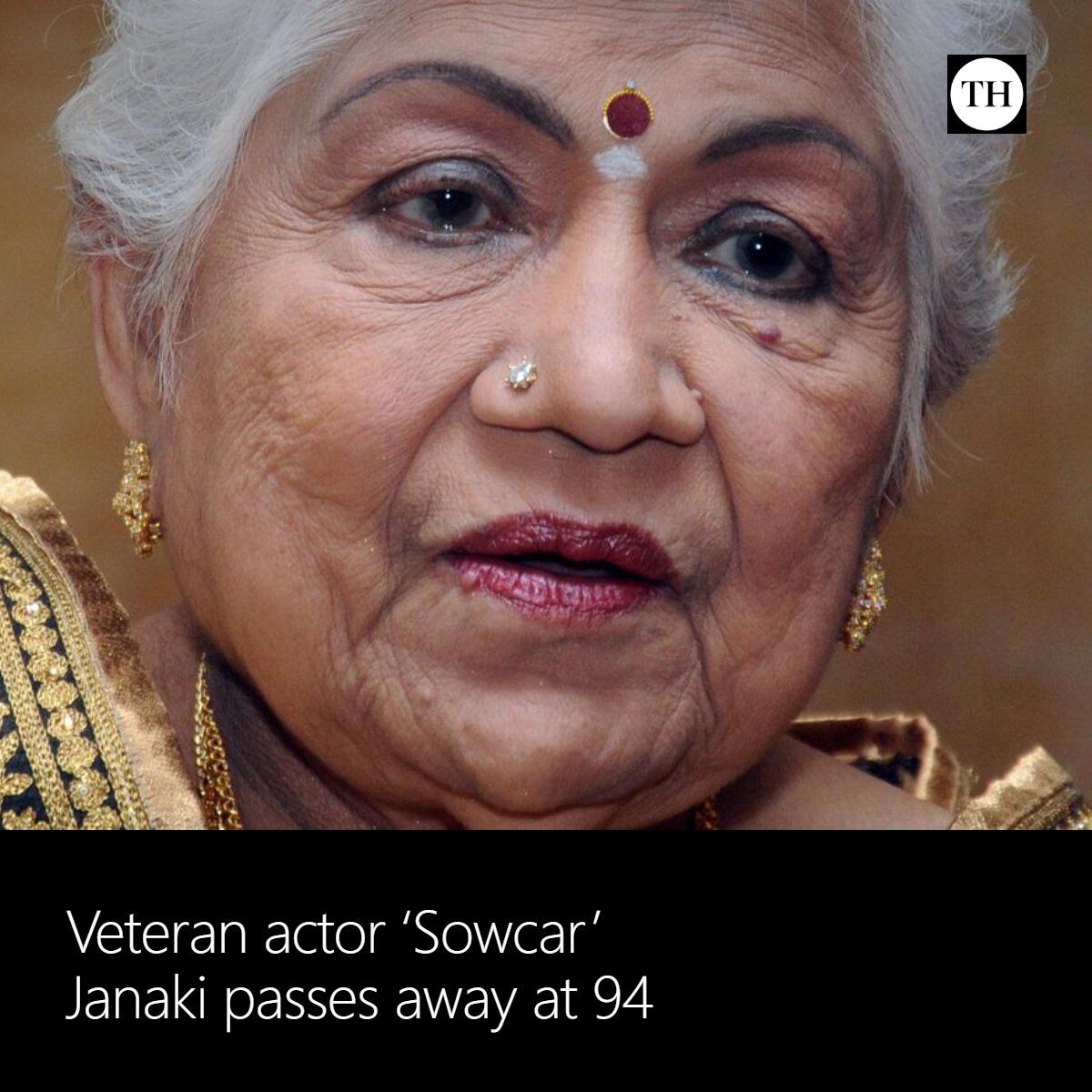 the_hindu's tweet photo. Veteran actor Sankaramanchi Janaki, aka ‘Sowcar’ Janaki, known for countless performances in Tamil, Telugu, Malayalam and Kannada films, passed away at a private hospital in Chennai on Friday (August 21). She was 94. https://t.co/thCriO4fiU