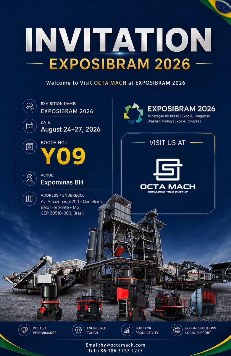 OctalSteel's tweet photo. OCTA MACH at EXPOSIBRAM 2026
Meet us at Booth Y09, Expominas, Belo Horizonte, Brazil (Aug 24–27, 2026). Discover our rock crushing & mineral processing solutions and discuss your mining project needs.
💻 https://t.co/4OqNU7BdiE
💻 https://t.co/OncgUquY0d
#EXPOSIBRAM2026 https://t.co/NoevoEr4nZ
