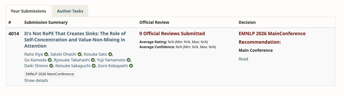 raito_kiya's tweet photo. My first-author paper has been accepted to #EMNLP2026 Main Conference! (15.4% acceptance rate) 🎉   

Huge thanks to all my co-authors for their amazing support and collaboration!
@satoki1049, Mr.Sato, @go2oo2, @r_takahashi_h12, @onely7_deep, @Mt_B00Ks, @KeisukeS_, @goro_koba https://t.co/ZqcVWkDdFt