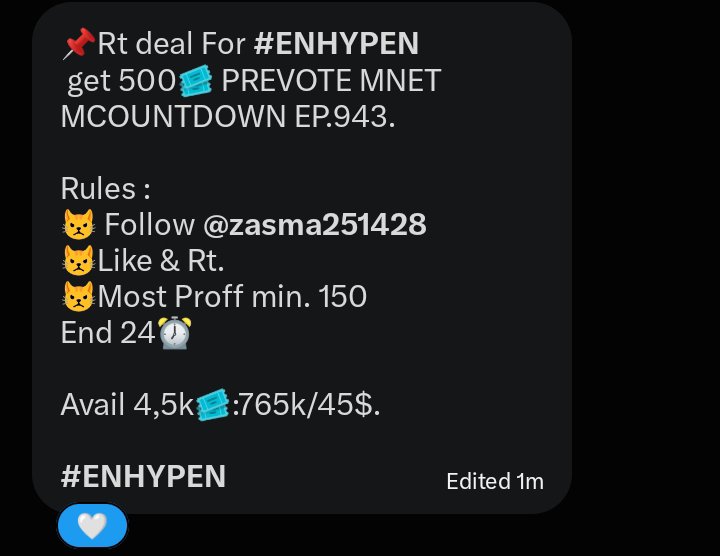 earthofrows's tweet photo. 📌Rt deal For #ENHYPEN

Get 500🎟️ PREVOTE MNET MCOUNTDOWN EP.943.

Rules :
😾 Follow @zasma251428 
😾 Like &amp; Rt.
😾 Most Proof min. 150 

End 24⏰

Avail 4,5k🎟️:765k/45$.

#THE_SIN_BLISS #BloodyParadise https://t.co/5JOdxXyE84
