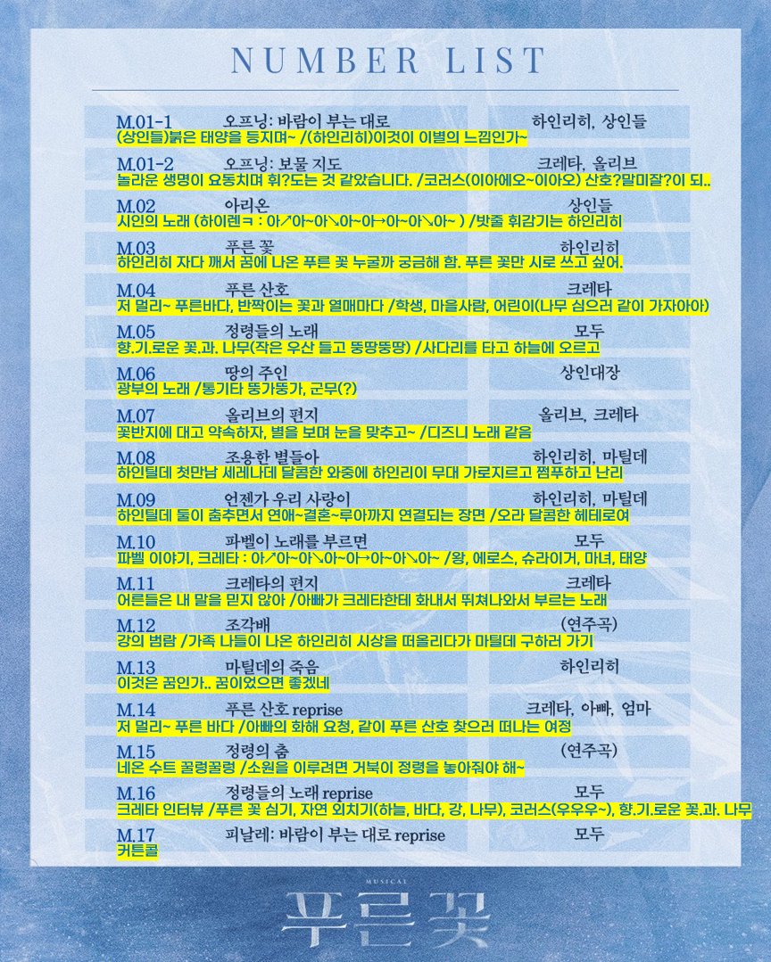 ideoryeopda's tweet photo. 제가 보려고 만든 푸른꽃 넘버-장면 정리한건데 혹시 필요하신 분이 계실까싶어 공유합니다👀 https://t.co/sCF9lttWkN