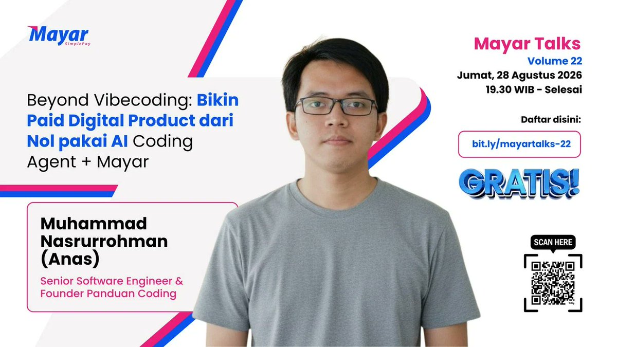 oianas_'s tweet photo. Pendaftaran webinar Beyond Vibecoding udah dibuka ✨

Materinya gue bikin supaya tetap bisa diikutin non-technical audience, jadi gak perlu punya background software engineering.

Di webinar ini gue akan bahas:

- gimana sebuah paid web product bekerja end-to-end
- minimum fullstack mental model yang perlu lo punya
- kenapa authentication dan paid access adalah dua concern yang berbeda
- role payment gateway di dalam real app architecture
- cara pakai AI coding agent tanpa blindly trusting semua yang dia generate
- cara testing apakah flow produk kita benar2 works
- what skills become more valuable after vibecoding

Webinar ini kerjasama bareng Mayar dan yes, GRATIS. 

Daftar sekarang sebelum keabisan:  https://t.co/DDGbqYgbGE